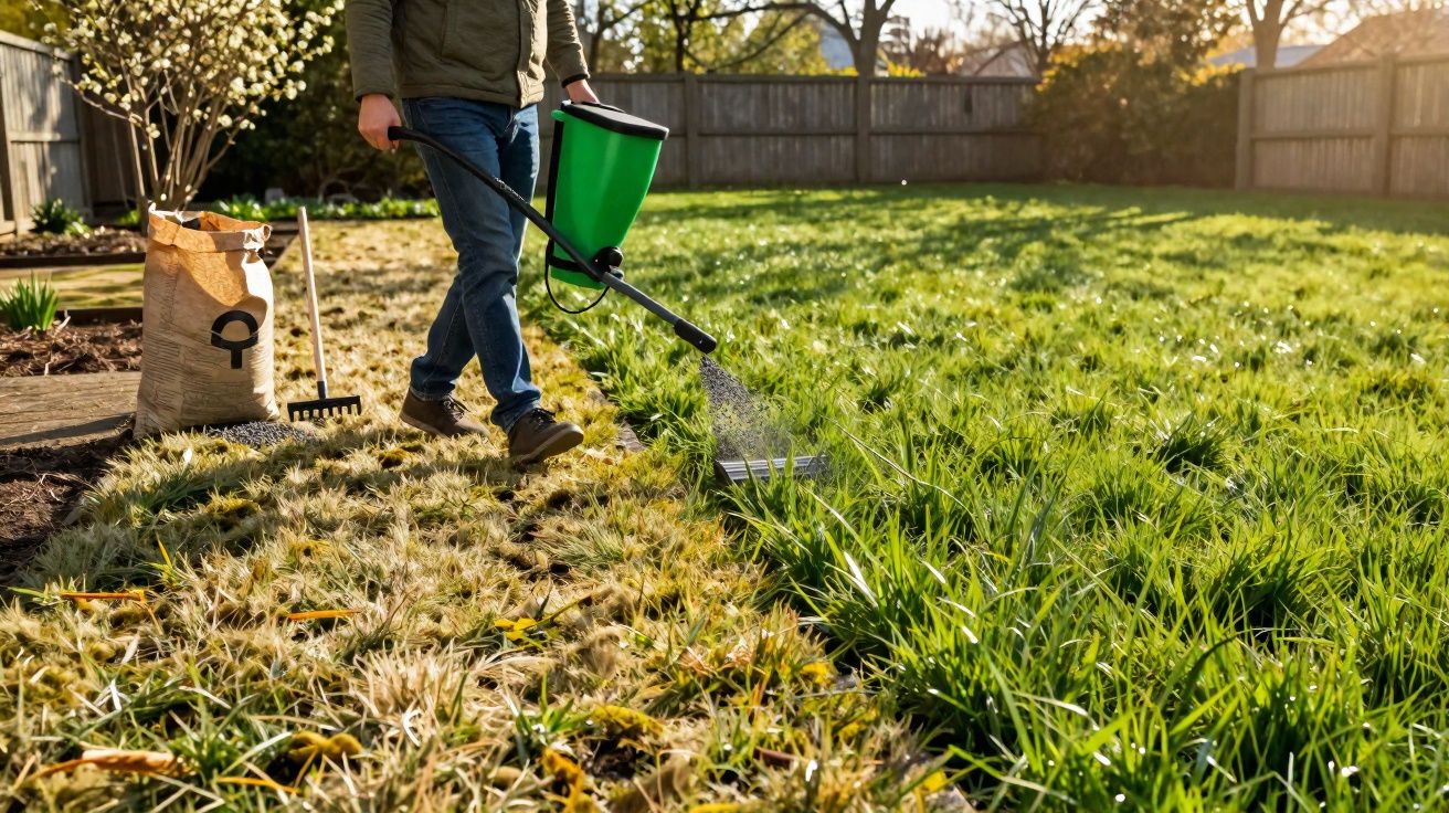 Pessoa a aplicar pesticida num relvado verde com erva seca ao sol num jardim fechado.