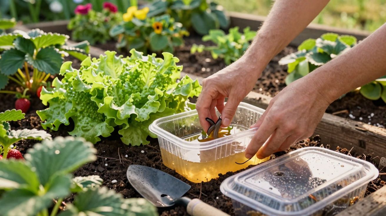 Mãos a limpar limões numa caixa de plástico junto a alfaces e flores num canteiro de jardim.