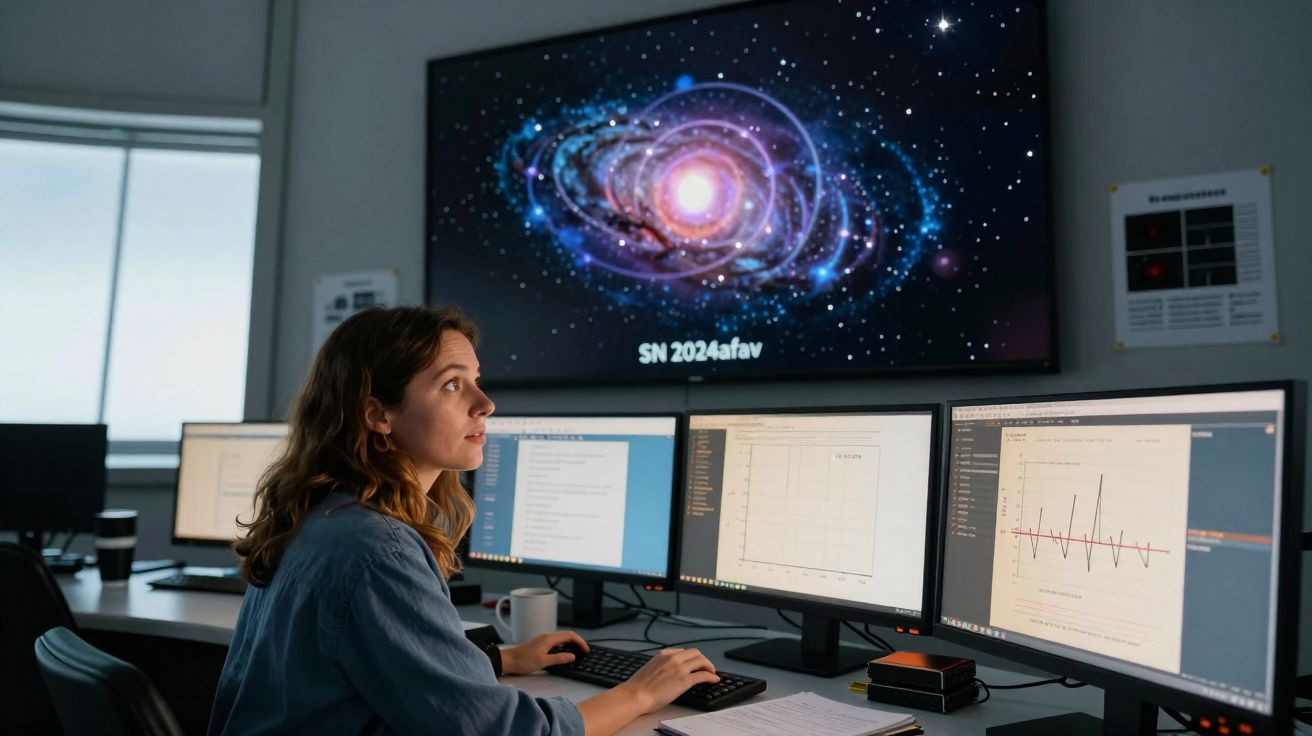 Mulher a analisar dados em múltiplos ecrãs, com imagem de galáxia e texto SN 2024afav ao fundo.