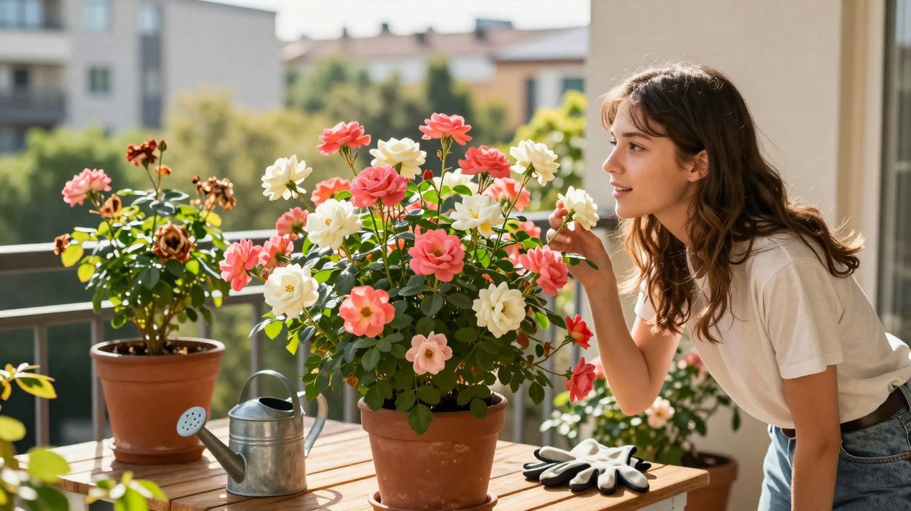 Mulher jovem a cuidar de flores coloridas numa varanda ensolarada, com regador e luvas à vista.