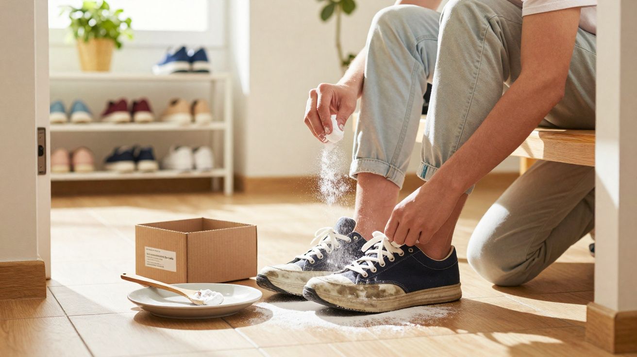 Pessoa a aplicar pó branco em ténis sujos enquanto está sentada num banco em casa.