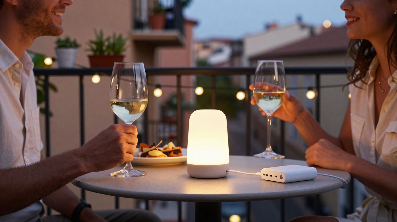 Casal a brindar com copos de vinho branco numa mesa exterior iluminada por luz suave à noite.