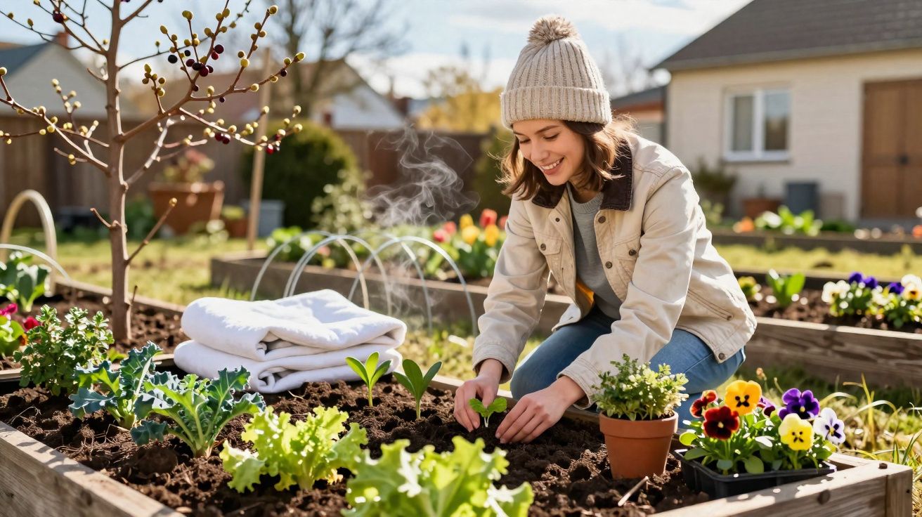 Jovem sorridente a plantar legumes em canteiro elevado num jardim ao ar livre numa manhã soalheira.
