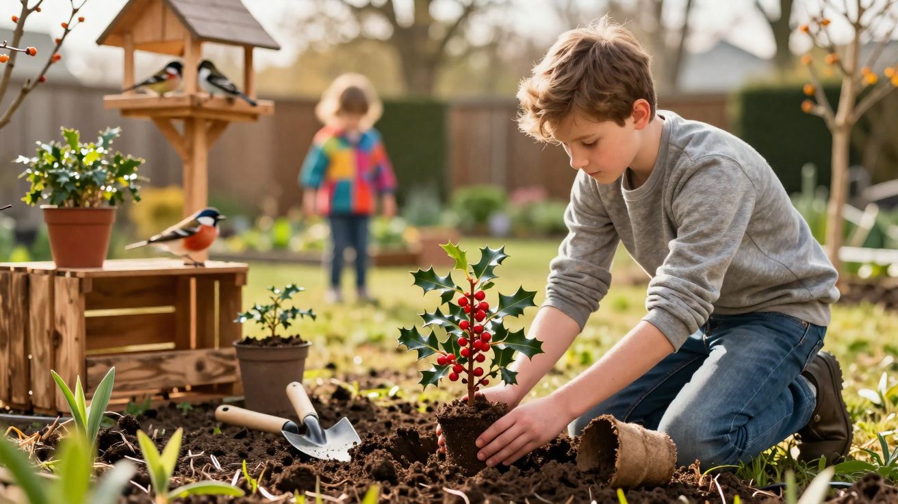 Menino aprende a plantar árvore com frutos vermelhos num jardim, com criança e pequenos pássaros ao fundo.