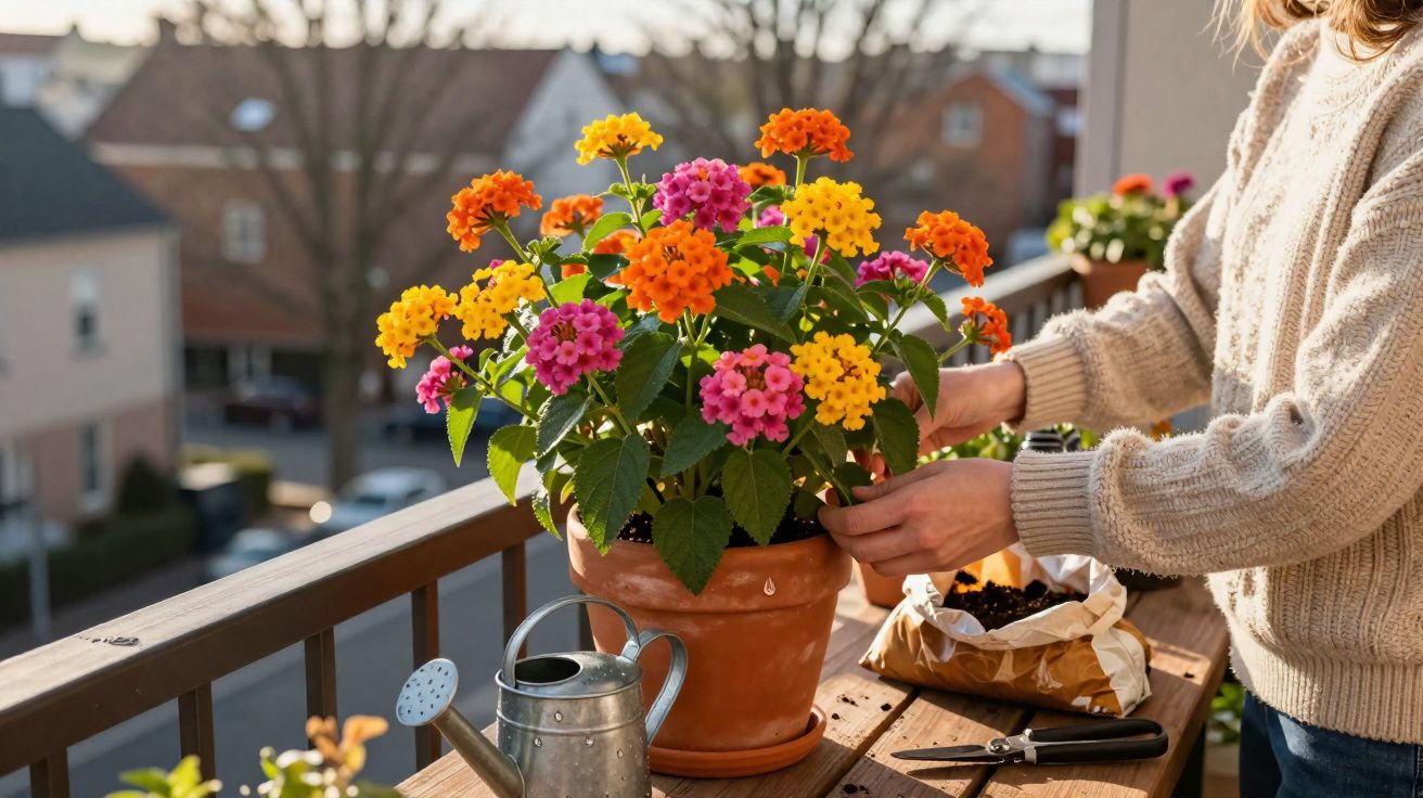 Pessoa a cuidar de planta florida num vaso de barro numa varanda, com regador e ferramentas num dia de sol.