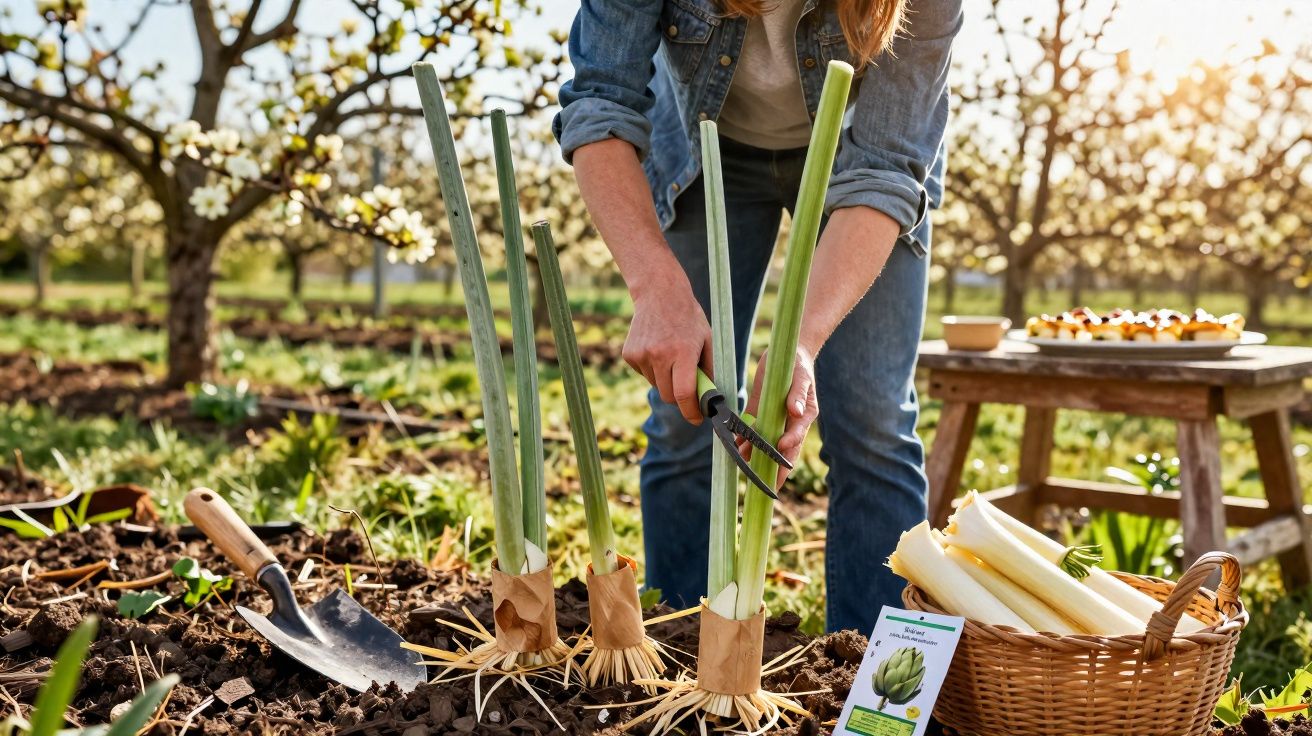 Pessoa a colher aipo no campo com cesta de aipo e utensílio de jardinagem ao lado.