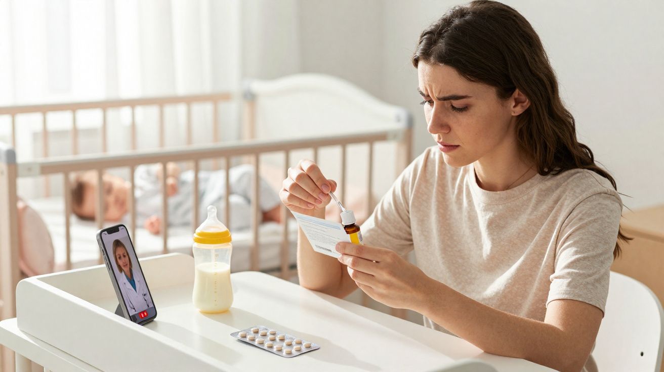 Mulher lê instruções de medicamento enquanto faz consulta médica online com bebé ao fundo no berço.