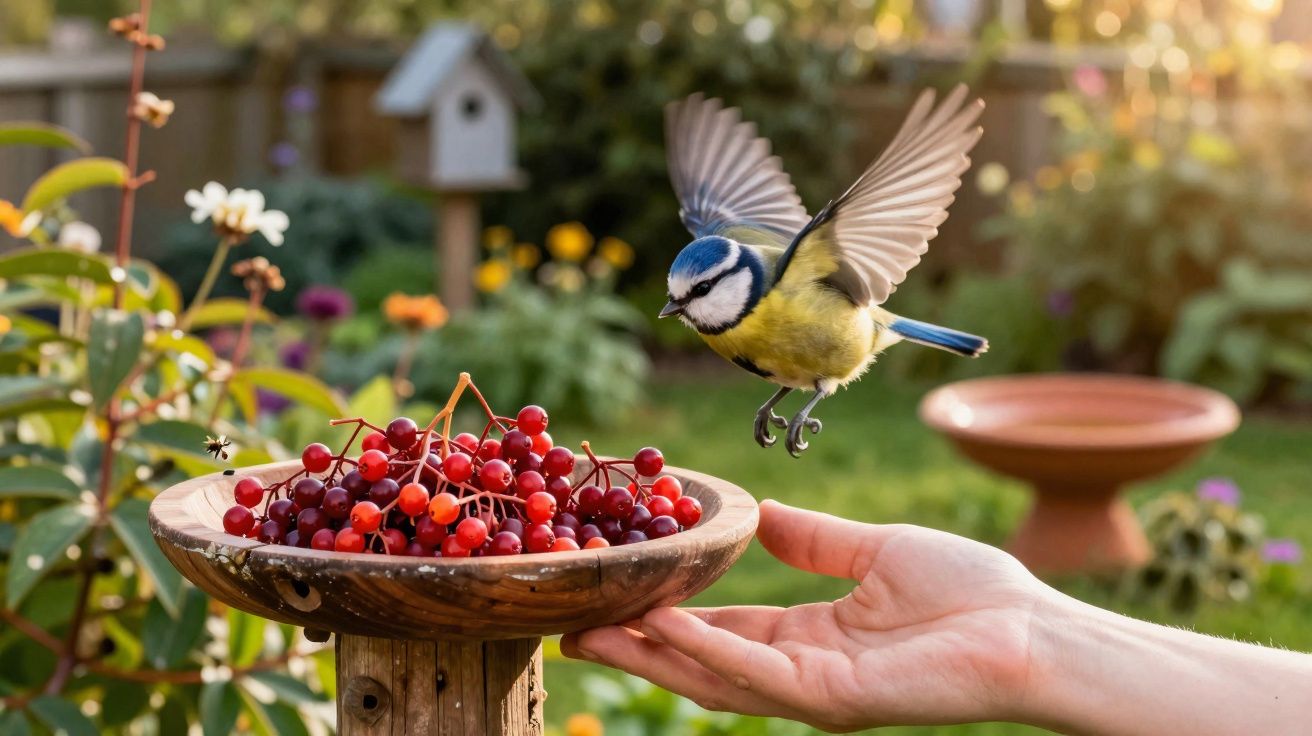 Pássaro azul em voo sobre uma mão estendida e uma taça de madeira com bagas vermelhas num jardim iluminado.