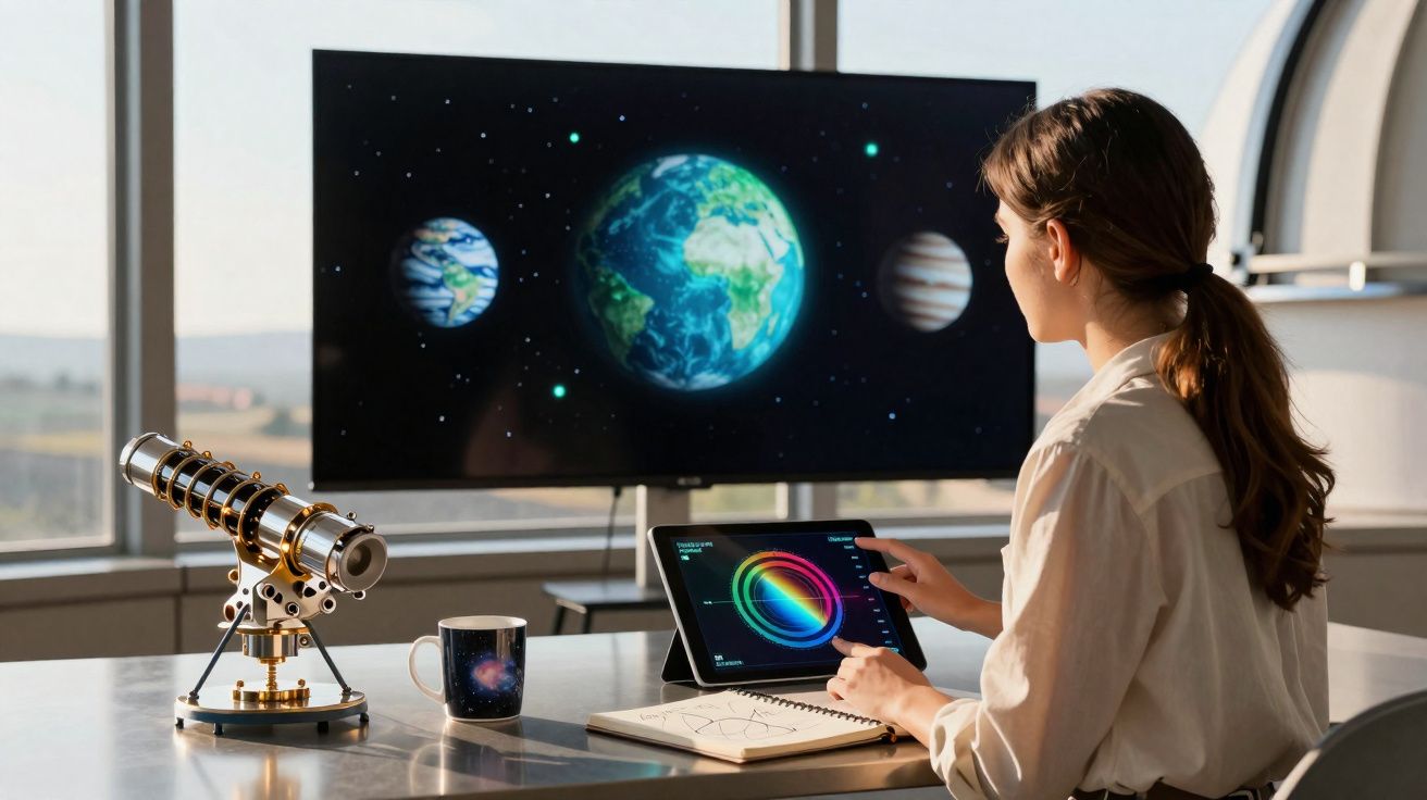 Mulher a estudar astronomia com tablet, telescópio, e ecrã a mostrar planetas do sistema solar.