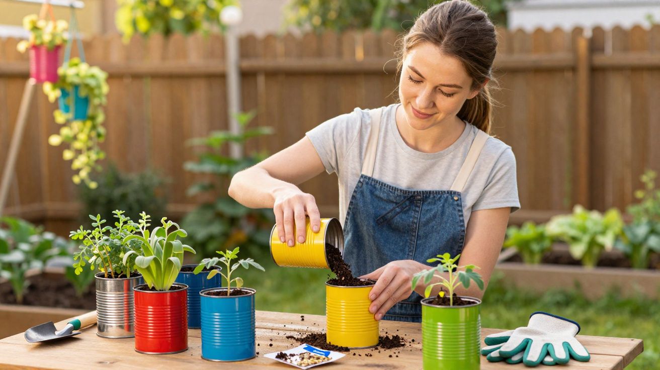 Mulher a cuidar de plantas em vasos reciclados feitos com latas coloridas num jardim em casa.