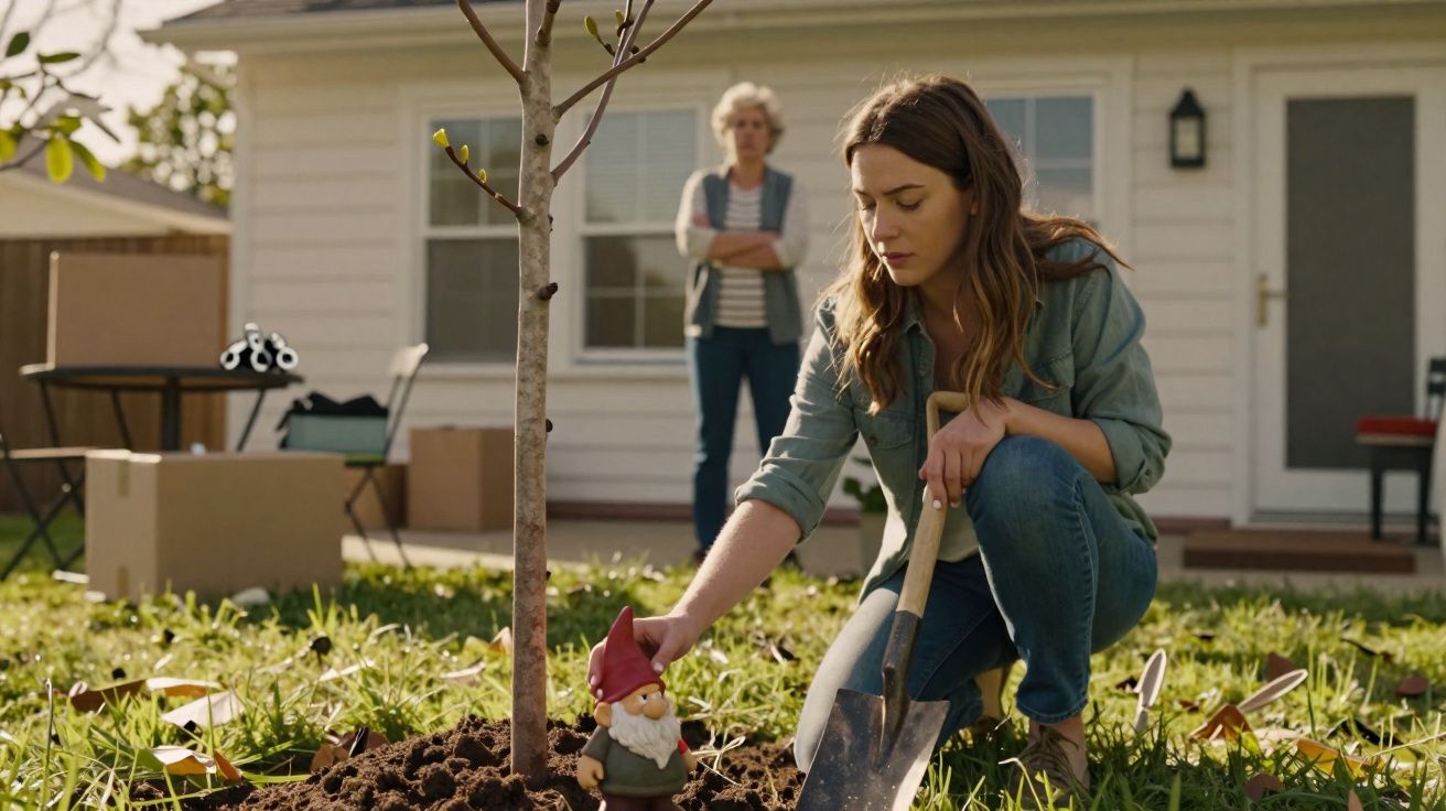 Jovem a plantar estátua de gnomo no jardim enquanto mulher mais velha observa em frente a casa.