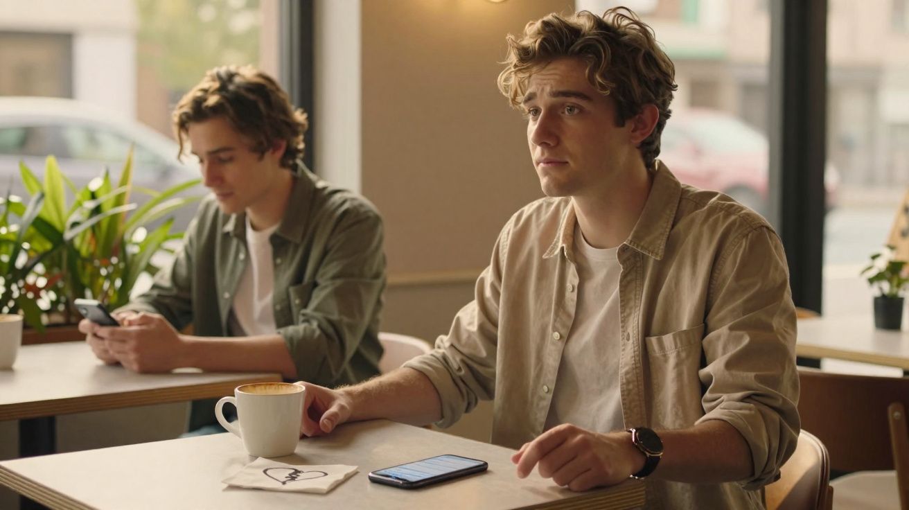 Dois homens jovens sentados em café, um com olhar pensativo e outro a usar telemóvel junto à janela.