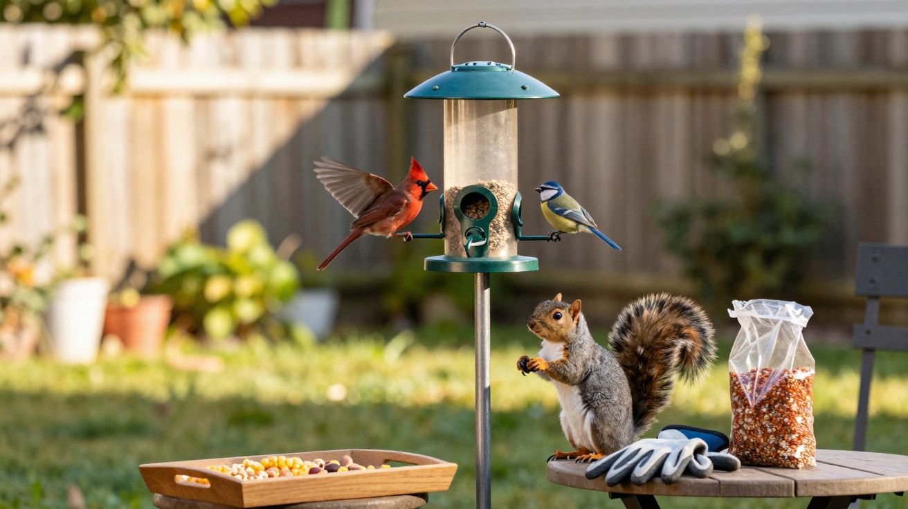 Alimentador de pássaros no jardim com esquilo e dois pássaros a alimentar-se ao entardecer.