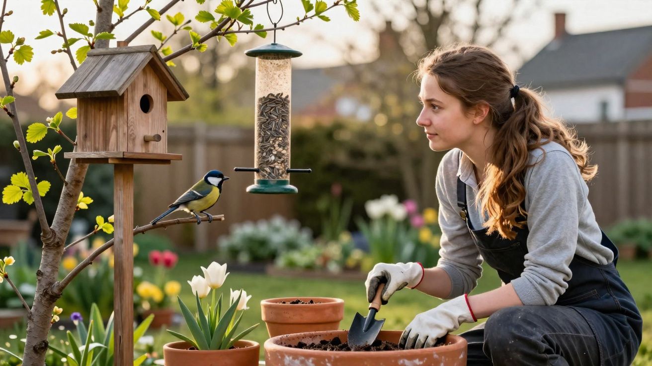 Mulher a jardinar num jardim com flores, observando um pássaro perto de comedouro e casa de madeira.