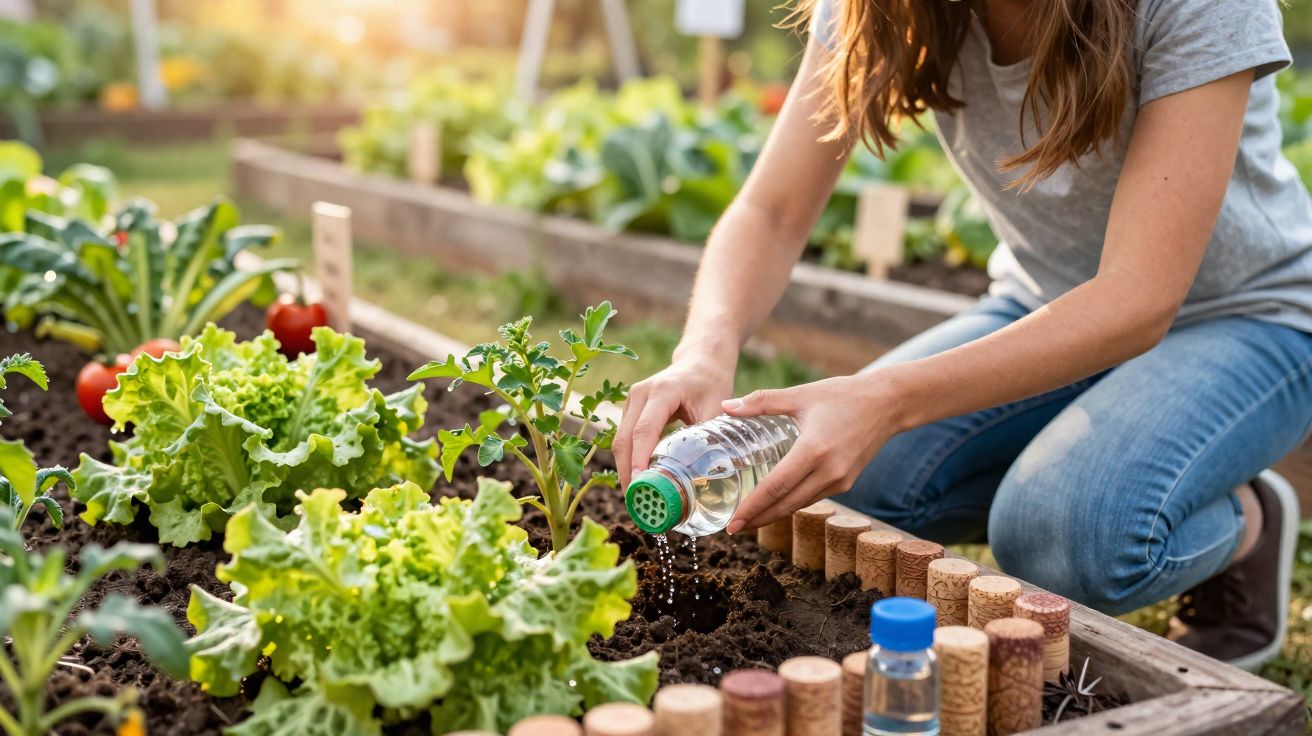 Pessoa a regar plantas numa horta urbana com legumes frescos ao sol da tarde.