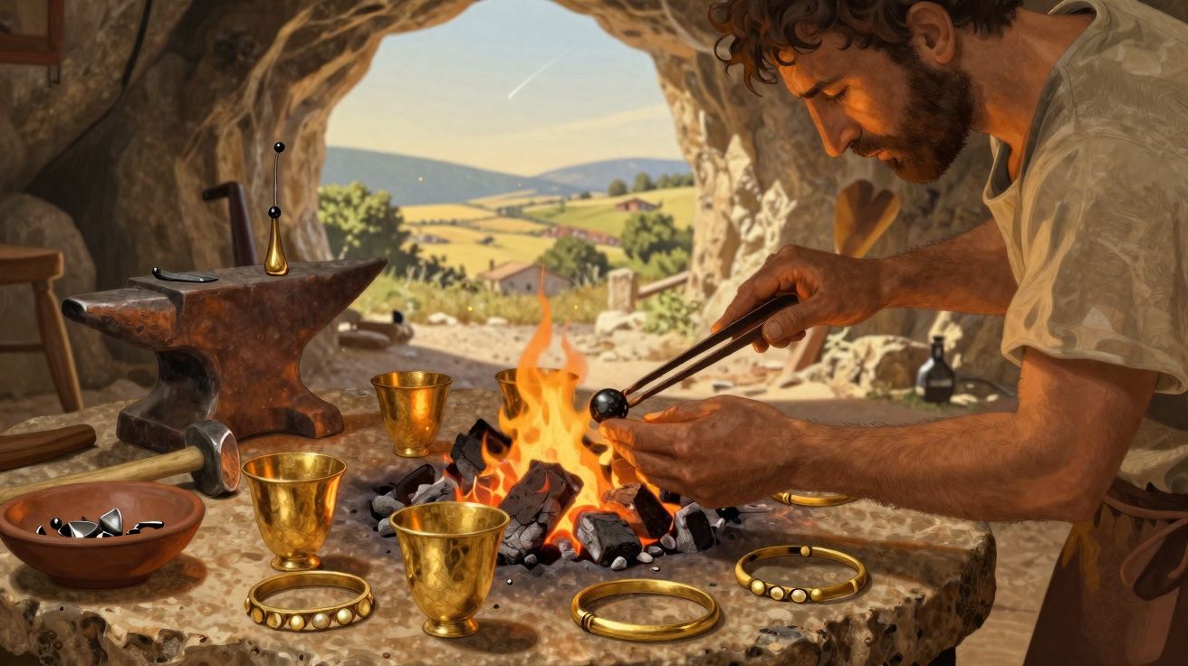 Artesão trabalha ao fogo numa caverna, rodeado por objetos dourados e paisagem campestre ao fundo.