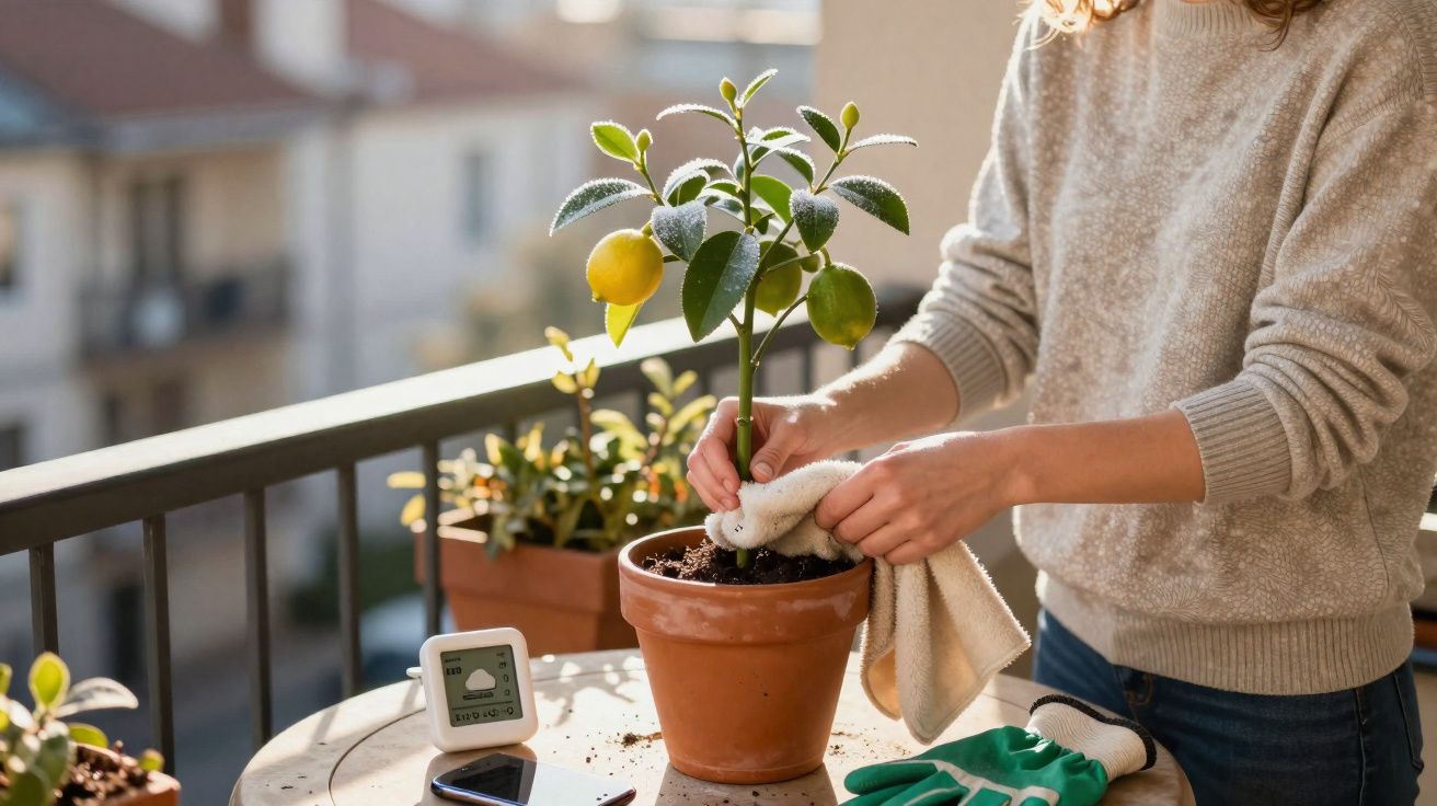 Pessoa a limpar planta de limão num vaso de barro numa varanda com luz natural.