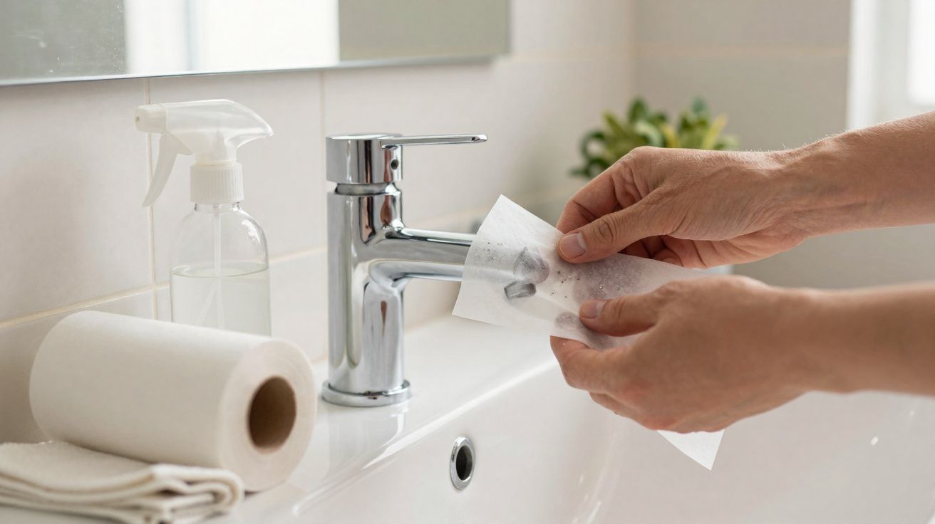 Mãos a limpar o torneira da casa de banho com papel desinfetante, junto a rolo de papel e pulverizador.