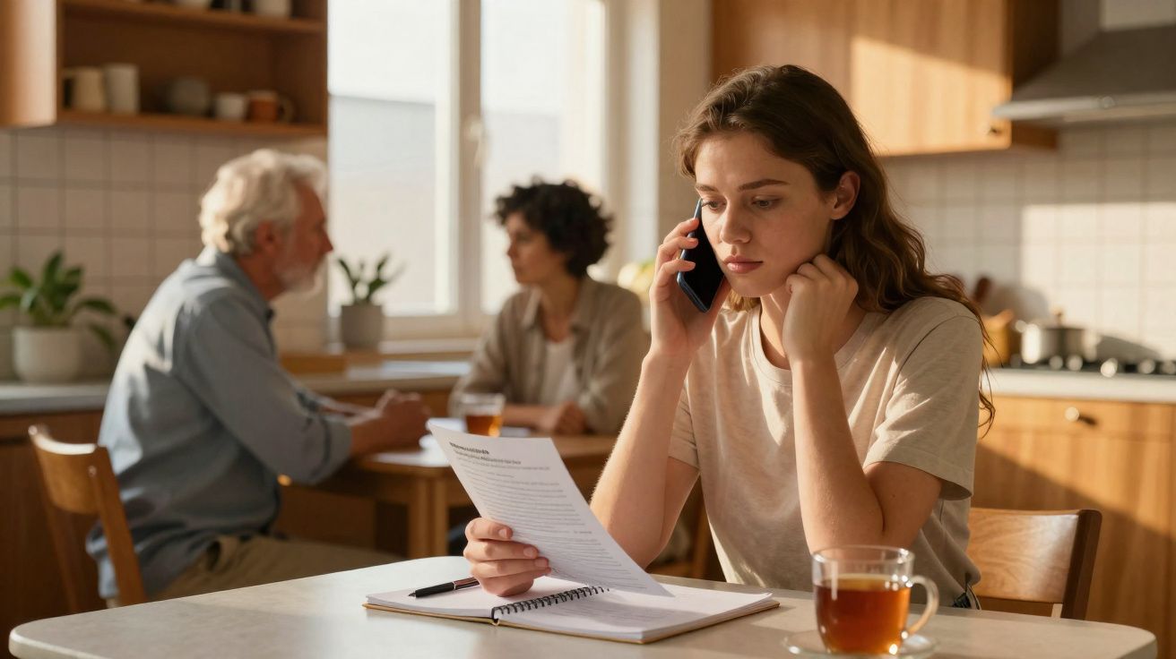 Jovem mulher ao telefone, a ler documento, sentada à mesa com chá, enquanto casal discute ao fundo na cozinha.