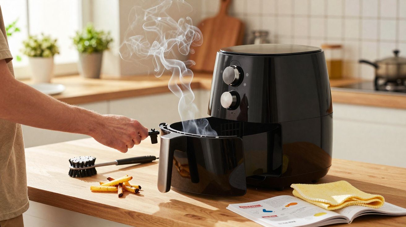 Mão a retirar cesto fumegante de uma fritadeira elétrica preta numa cozinha luminosa e organizada.