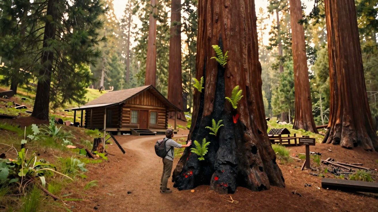 Homem com mochila toca uma enorme árvore que tem partes queimadas e plantas a crescer no tronco na floresta.