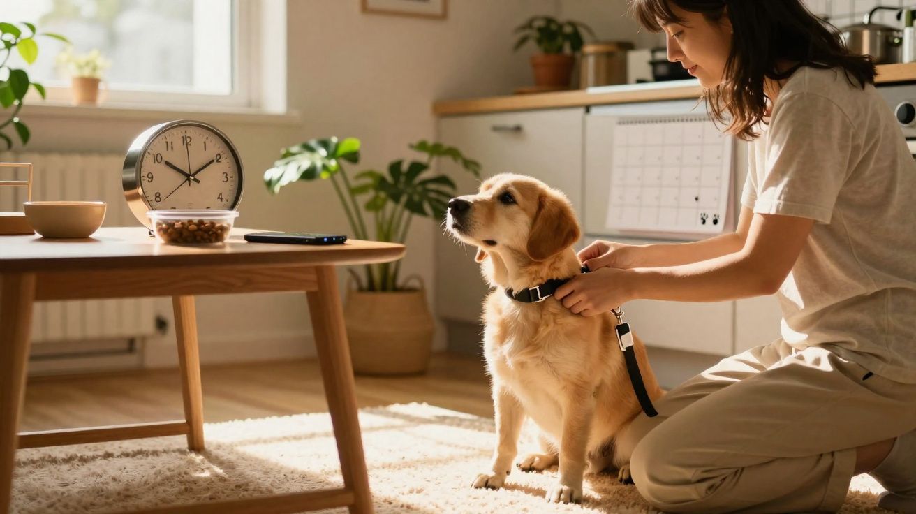 Mulher a colocar coleira num cão labrador em sala iluminada com relógio e plantas ao fundo.