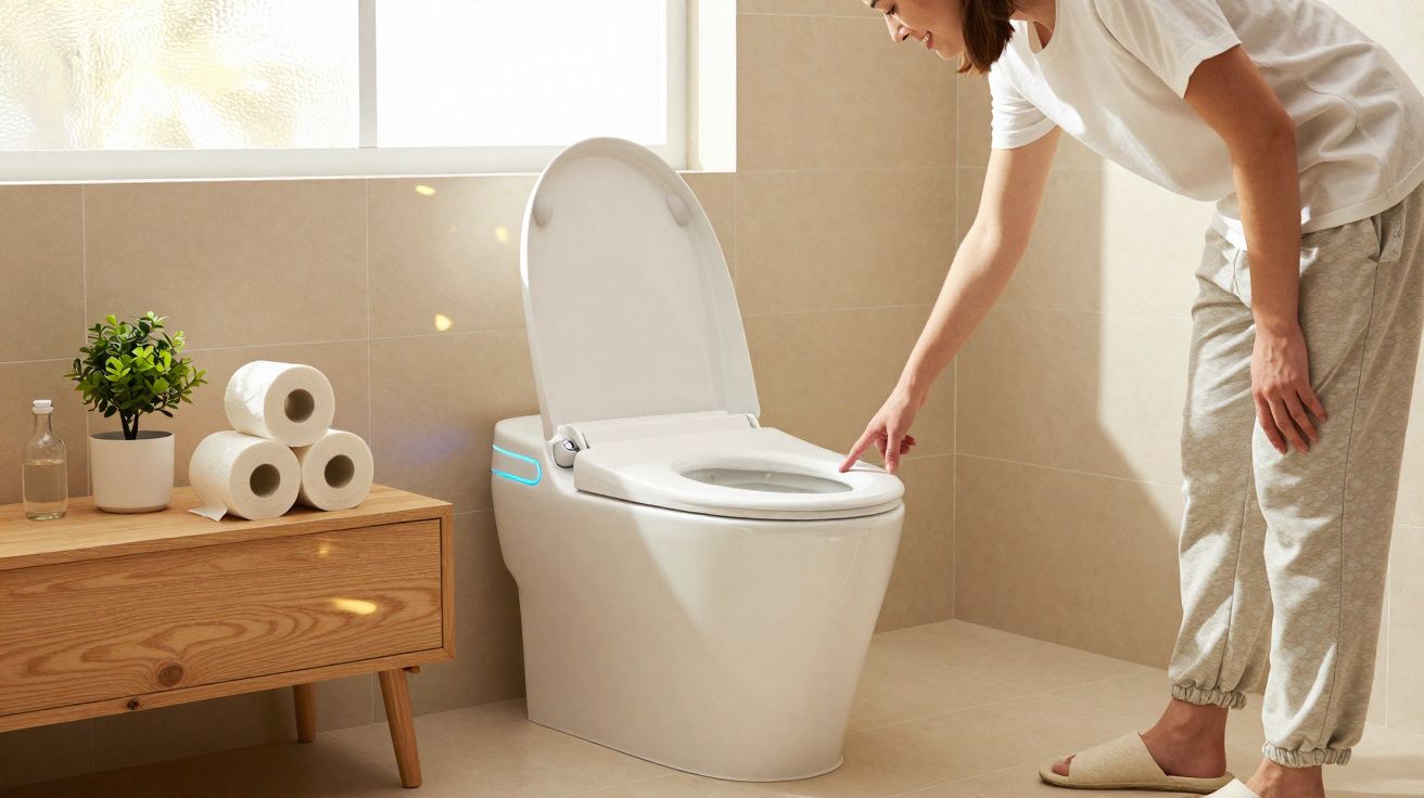 Mulher em roupa casual usa sanitário inteligente num banheiro moderno com janela e móvel com papel higiénico.