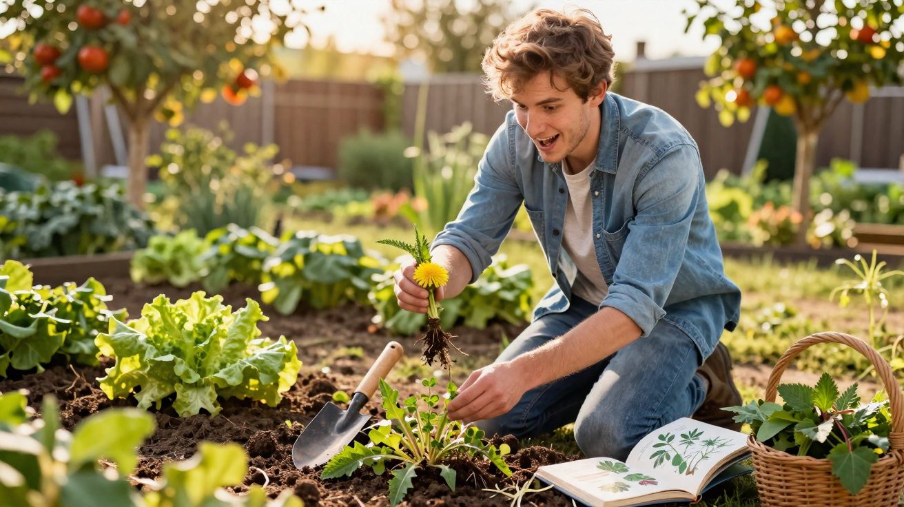 Jovem retira dente-de-leão do jardim, rodeado por plantas e livro aberto sobre botânica.