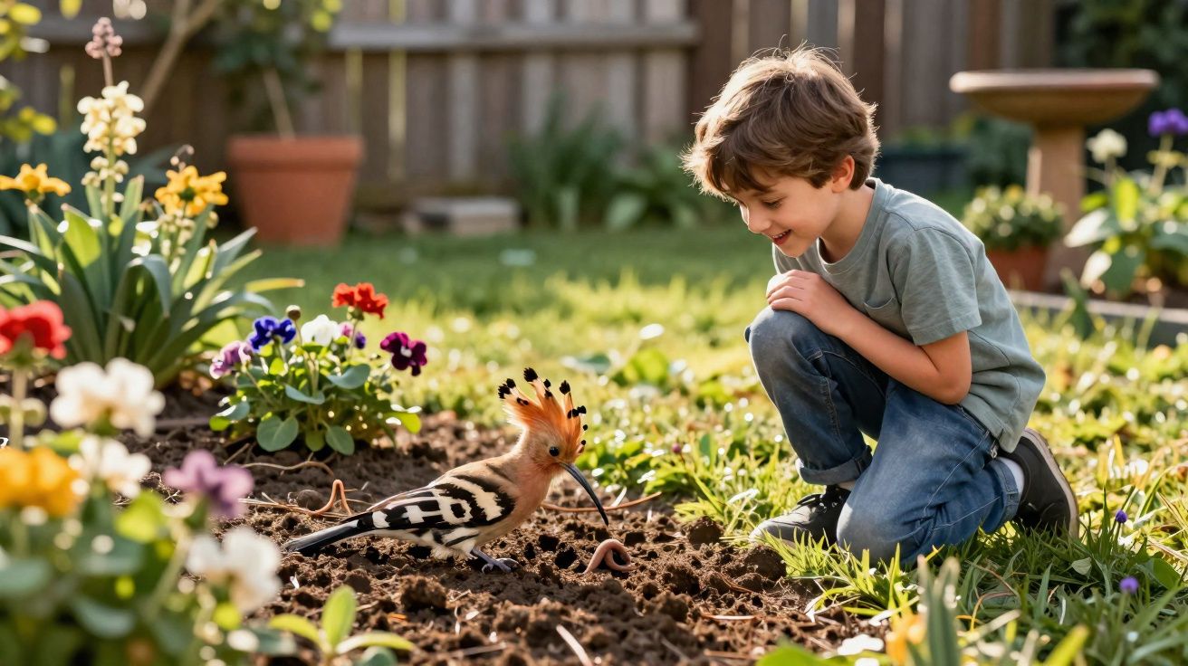 Menino observa com interesse pássaro colorido no jardim enquanto minhoca se arrasta na terra molhada.