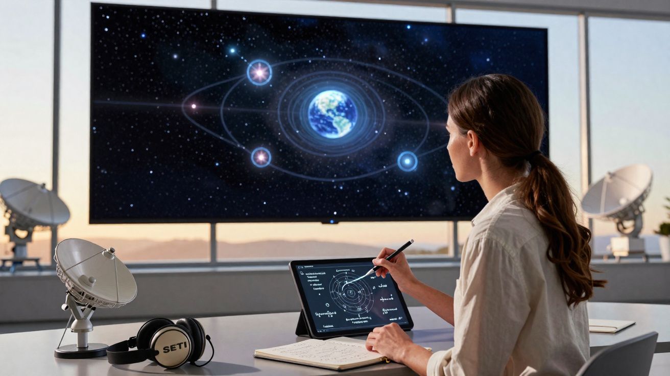Mulher a estudar o sistema solar num tablet com painel a mostrar a Terra e satélites em órbita.