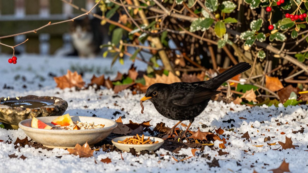 Pássaro preto no chão com neve, segurando uma minhoca perto de tigelas com comida e folhas secas.
