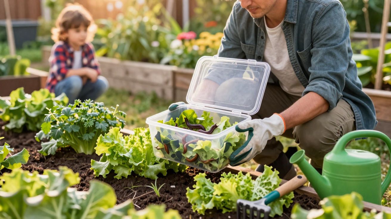 Homem a apanhar legumes na horta com criança ao fundo e regador verde ao lado.