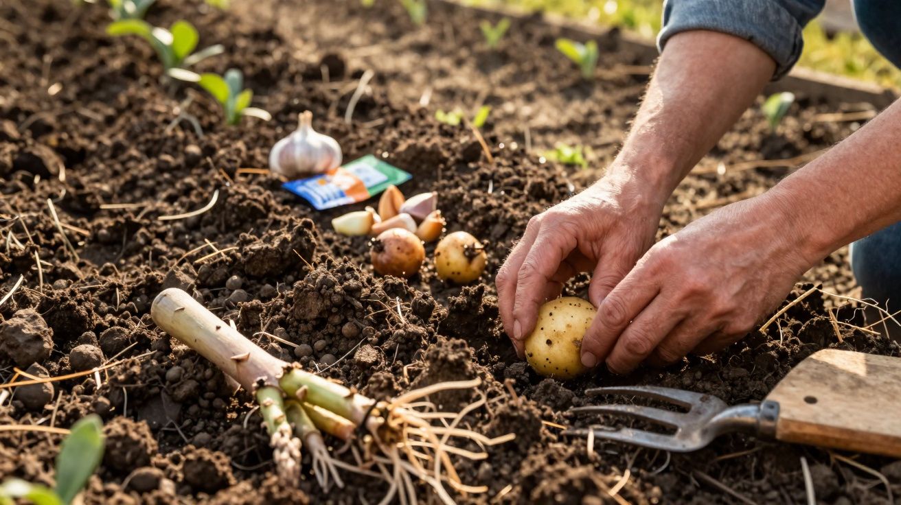 Mãos a plantar batata num solo arado, com alho, sementes e ferramentas de jardinagem ao redor.