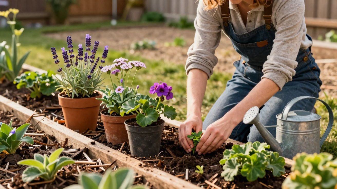 Pessoa a plantar mudas num jardim com várias plantas em vasos e um regador metálico ao lado.