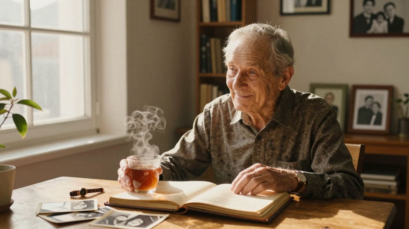 Idoso sentado à mesa com chá quente e a ler um livro, rodeado por fotografias e estantes de livros.