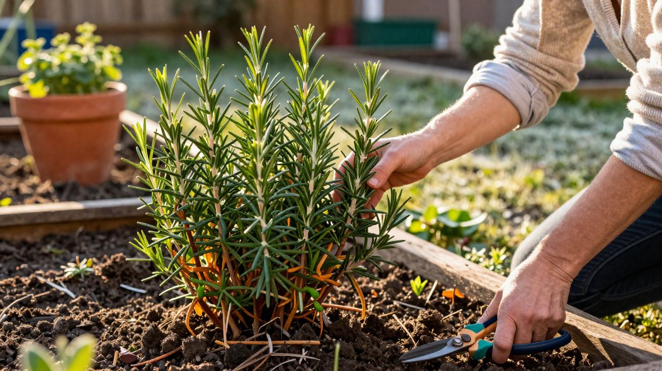 Pessoa a cuidar de um pé de alecrim num jardim, com tesoura de poda na mão direita.