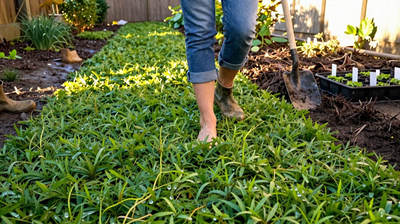 Pessoa de calças azuis a caminhar descalça sobre relva verde num jardim com uma pá encostada à terra.