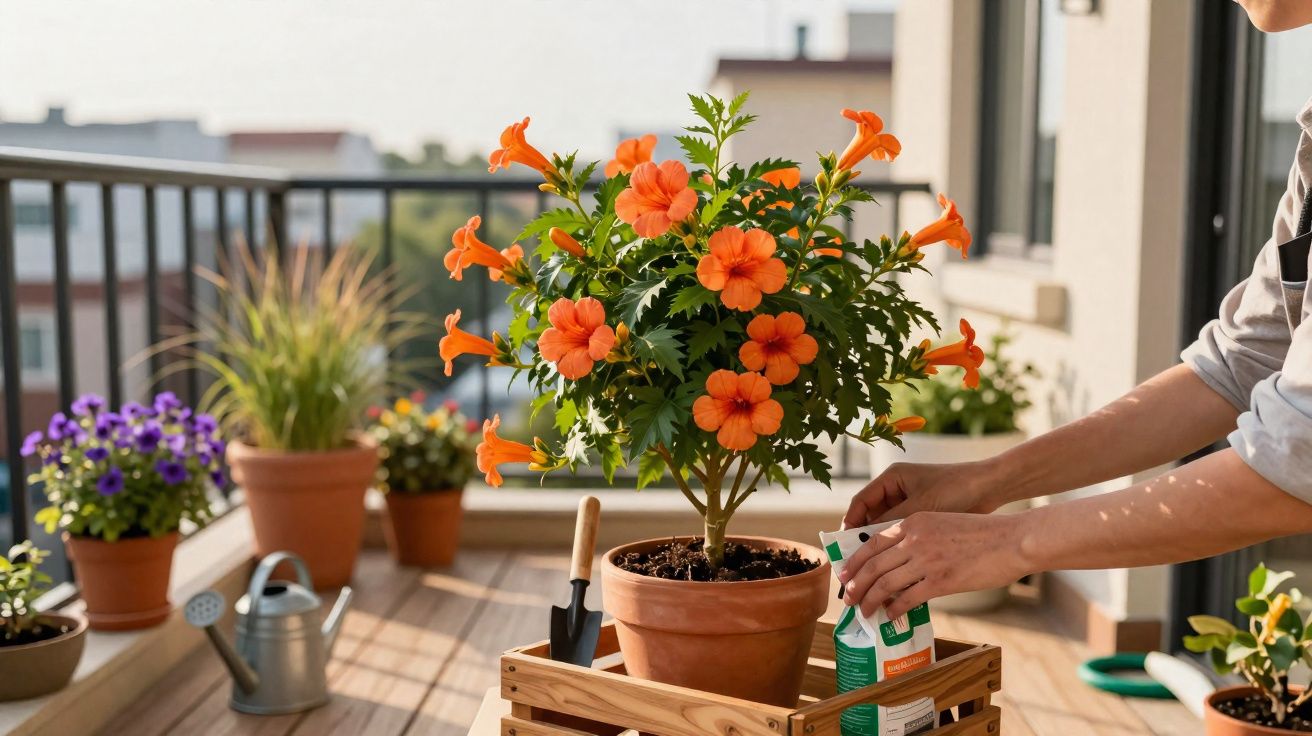 Pessoa a cuidar de planta com flores laranja num vaso de barro numa varanda ensolarada.