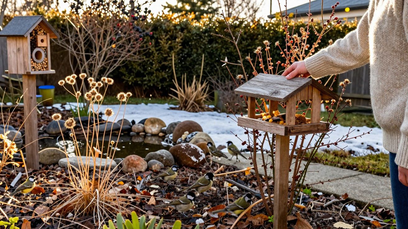 Pessoa a alimentar pássaros num comedouro de madeira num jardim com pedra e plantas secas no inverno.