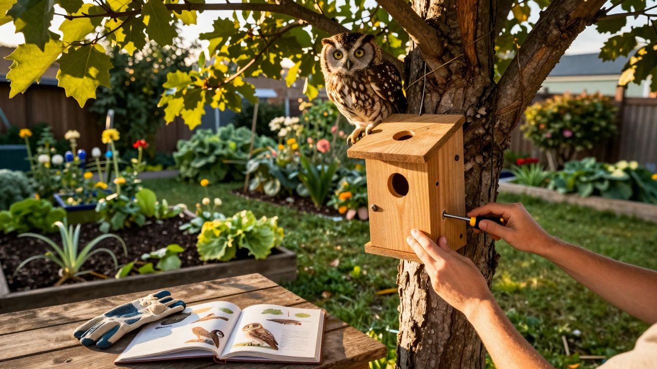 Pessoa a instalar casa de madeira para coruja num tronco de árvore num jardim com plantas e livro aberto.