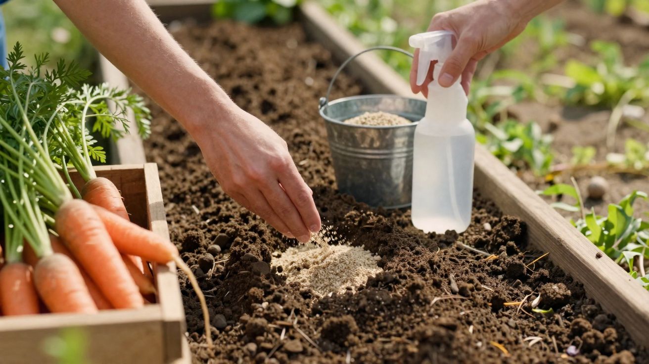 Mãos a semear sementes na terra de uma horta com cenouras frescas ao lado e pulverizador na mão.