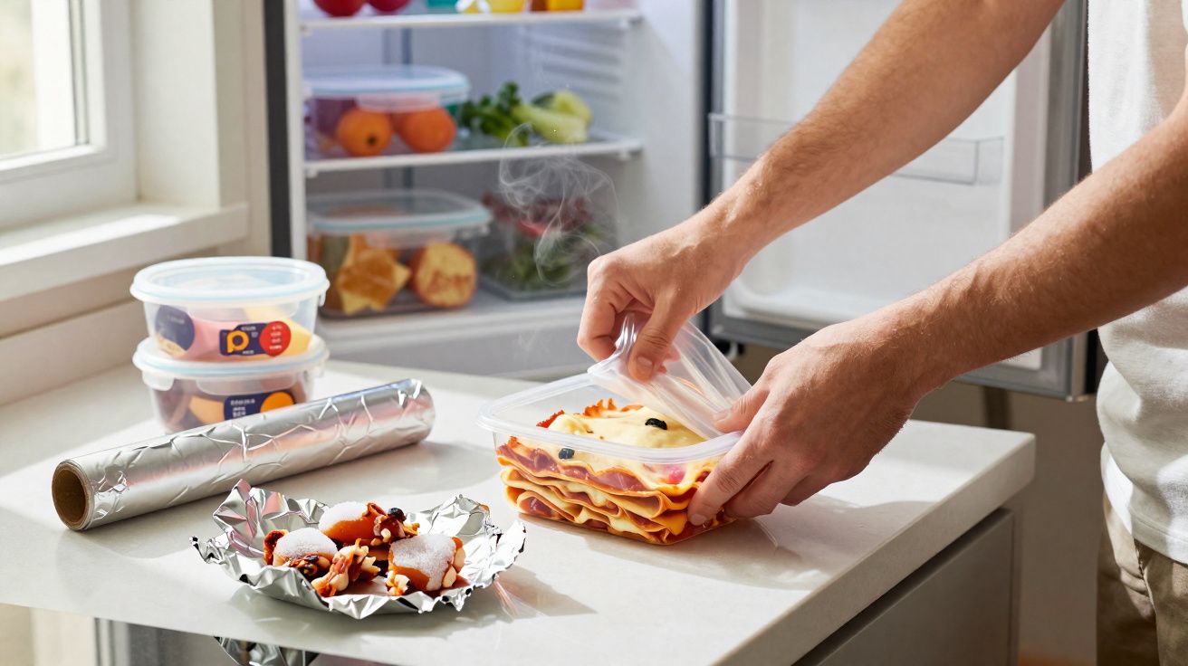 Mãos a fechar um recipiente de plástico com lasanha quente numa bancada de cozinha junto a frigorífico aberto.
