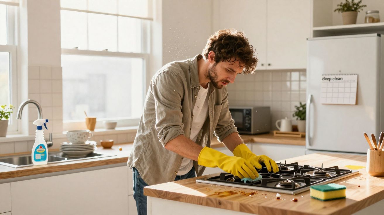 Homem a usar luvas amarelas a limpar um fogão numa cozinha clara e organizada durante o dia.