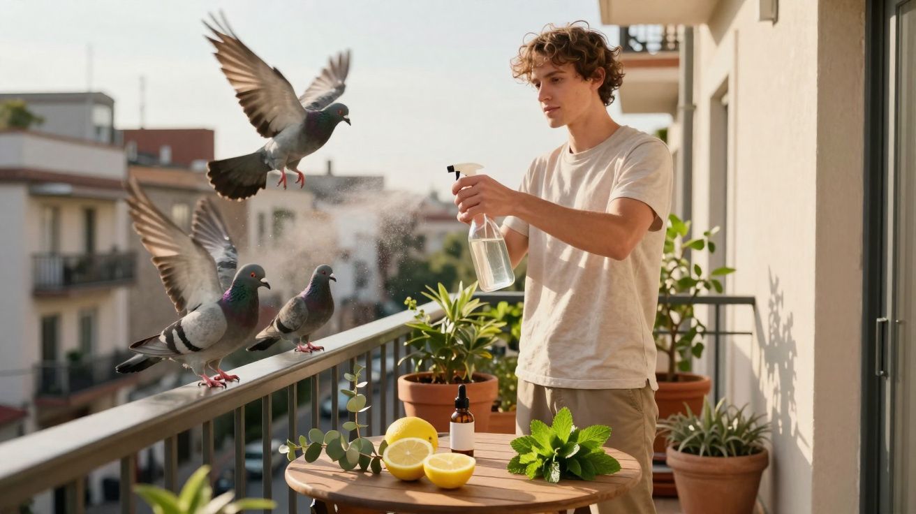 Jovem spray a água para afugentar pombos numa varanda com plantas e limões ao sol.