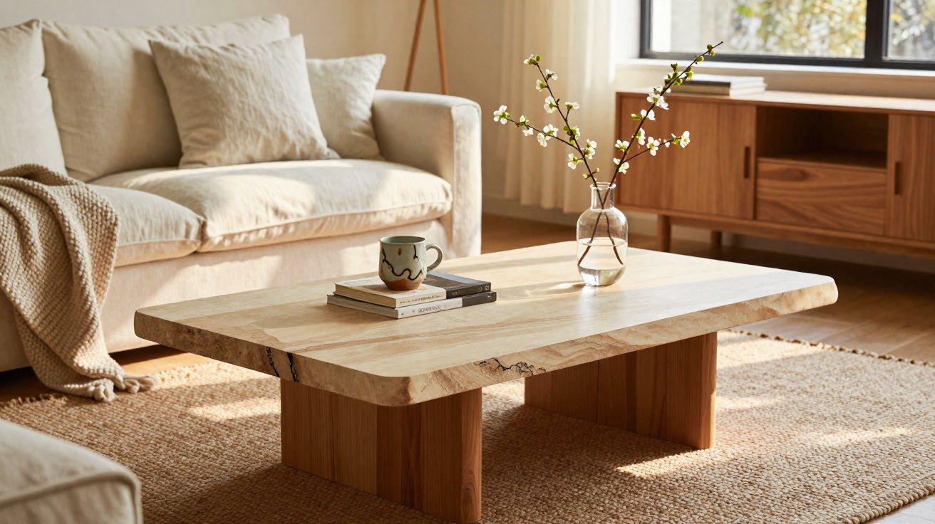 Sala de estar com sofá bege, mesa de madeira clara com vaso de flores e tapete natural, iluminação natural.