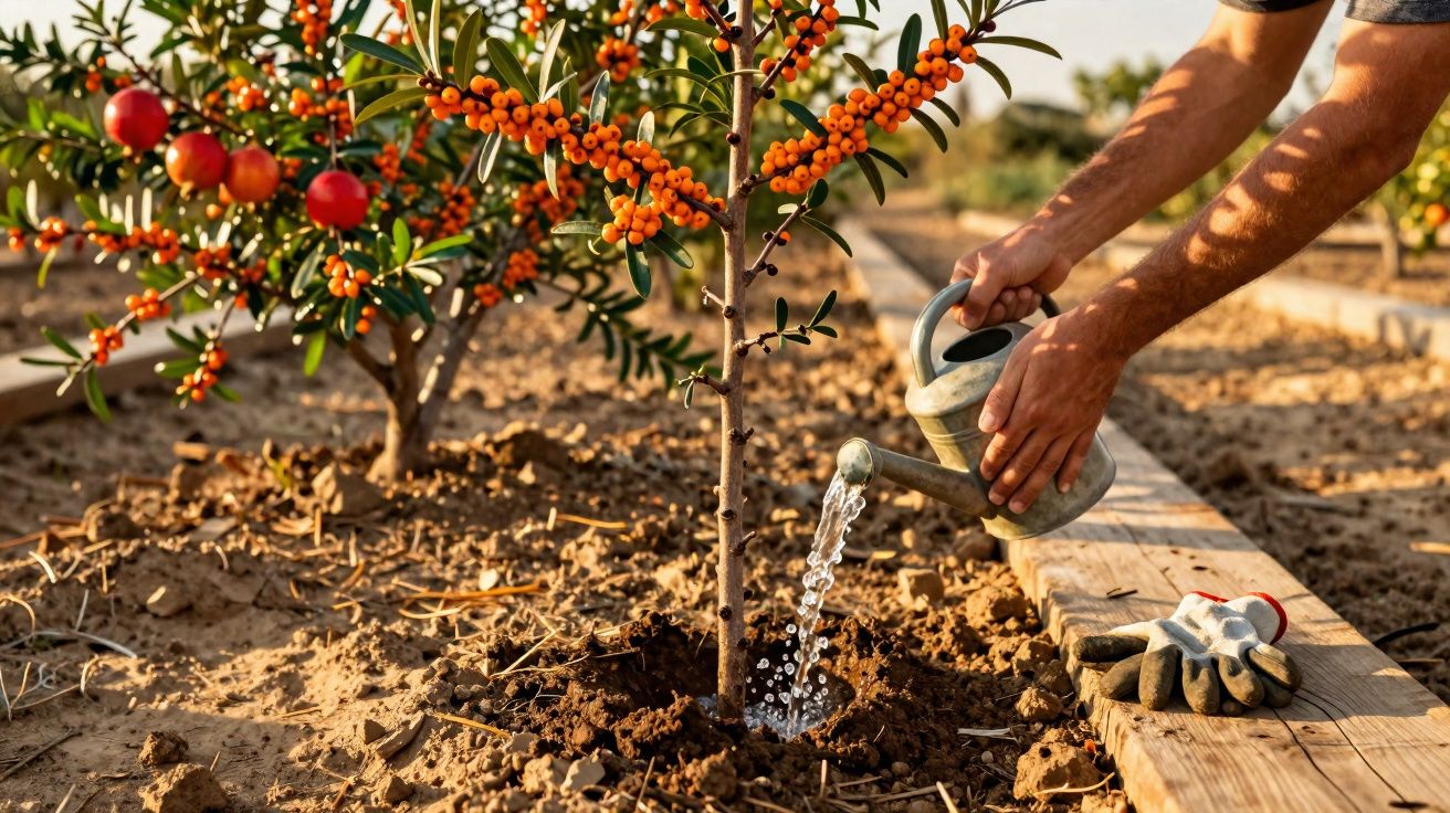 Pessoa a regar uma jovem árvore com frutos laranja num terreno de cultivo ao ar livre.