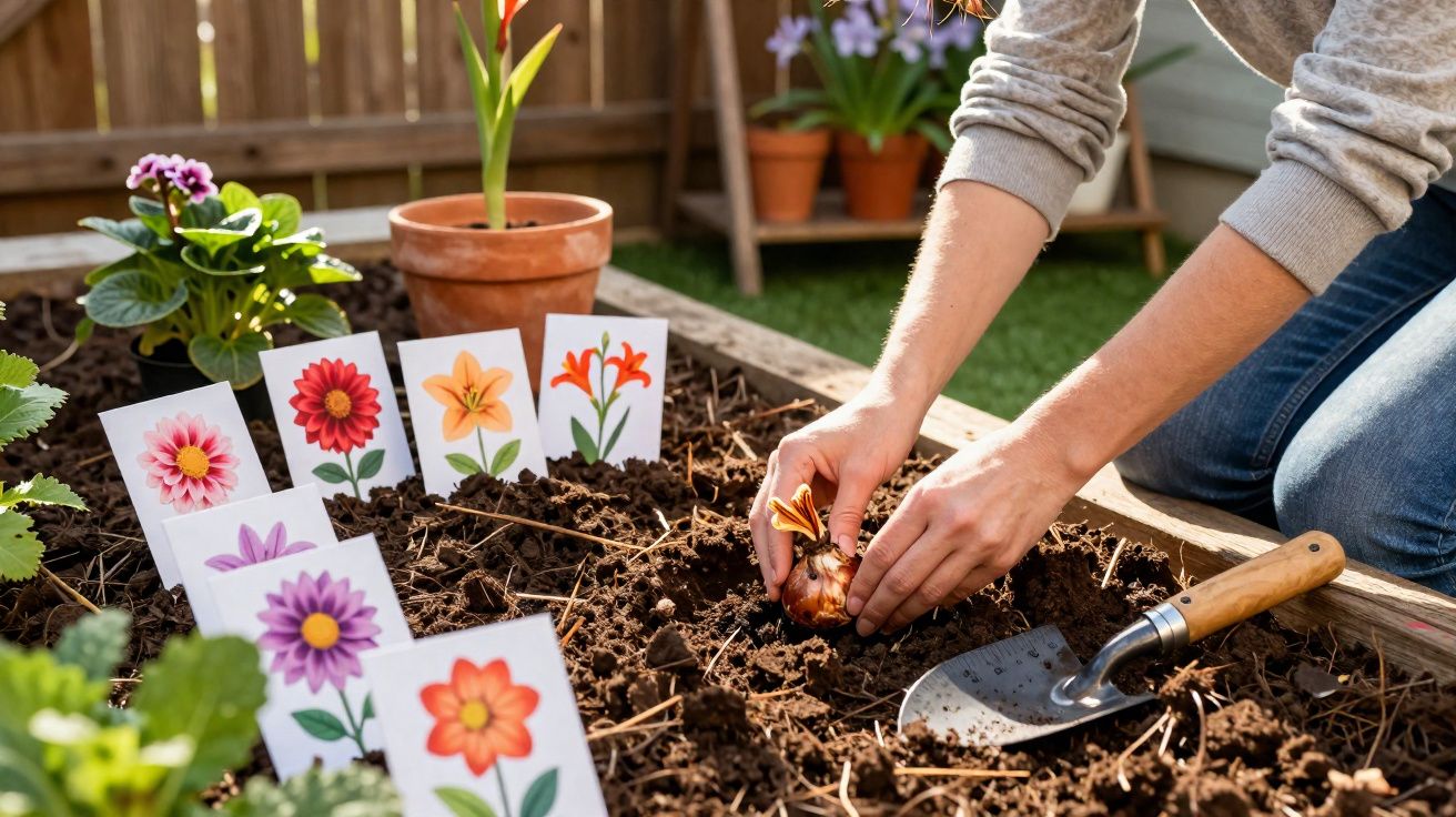 Pessoa a plantar uma flor em canteiro com imagens de flores para identificação das plantas.