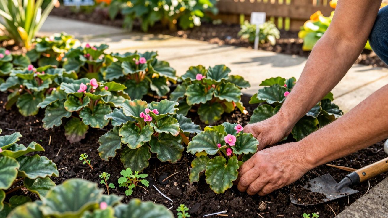 Pessoa a plantar flores cor-de-rosa com folhas verdes onduladas num jardim com terra escura.