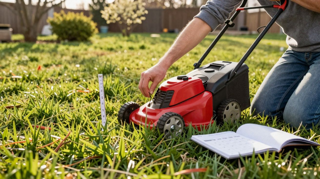 Pessoa a ajustar um corta-relvas vermelho num jardim com relva verde e registo aberto ao lado.
