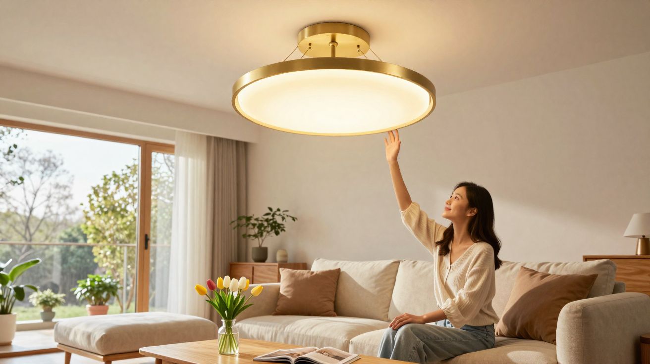 Mulher sentada em sofá moderno numa sala iluminada, a tocar numa luminária suspensa circular.